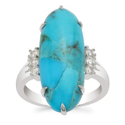 Kingman Turquoise Ring with White Zircon in Sterling Silver 8.60cts