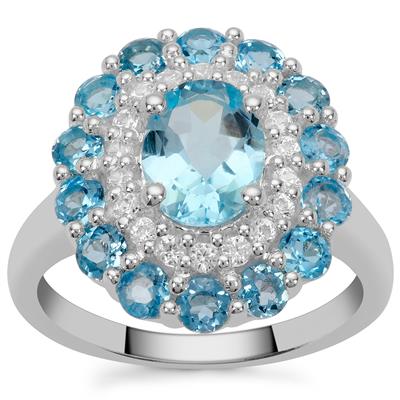 Swiss Blue Topaz Ring with White Zircon in Sterling Silver 3.65cts