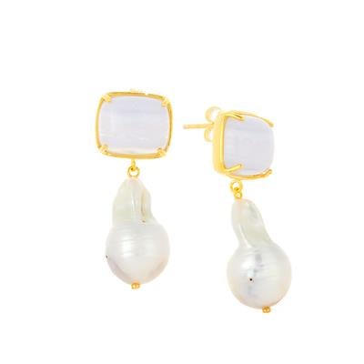 Blue Lace Agate Earrings with Baroque Freshwater Cultured Pearl in Gold Tone Sterling Silver