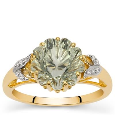 Lehrer Nine Pointed Star Green Amethyst Ring with Diamonds in 9K Gold 3.45cts