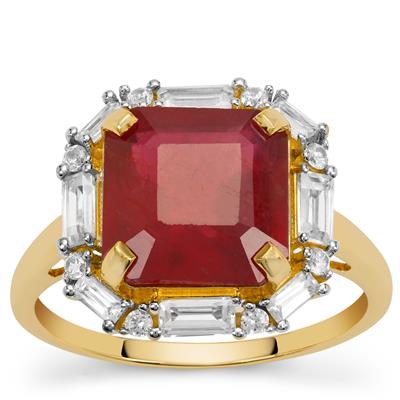 Asscher Cut Malagasy Ruby Ring with White Zircon in 9K Gold 6.75cts (F)