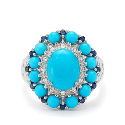 Sleeping Beauty Turquoise, Thai Sapphire Ring with White Zircon in Sterling Silver 4.45cts