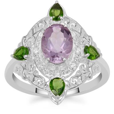 Rose De France Amethyst, Chrome Diopside Ring with White Zircon in Sterling Silver 1.95cts
