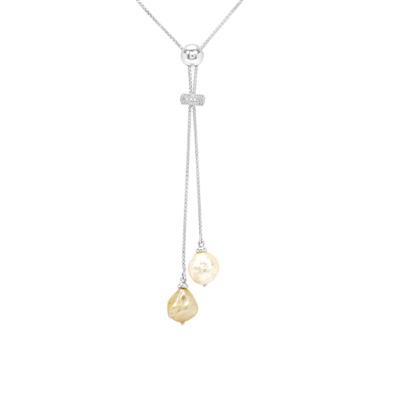 Golden, White South Sea Cultured Pearl Slider Necklace with White Zircon in Sterling Silver (9MM)
