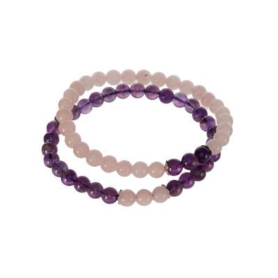 Zambian Amethyst Sterling Silver Set of 2 Stretchable Bracelet with Rose Quartz 110.40cts 