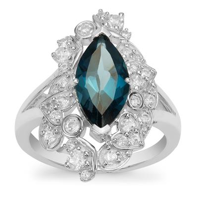 London Blue Topaz Ring with White Zircon in Sterling Silver 4.05cts