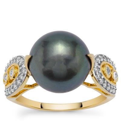 Tahitian Cultured Pearl,Pink Morganite Ring with White Zircon in 9K Gold (12mm)