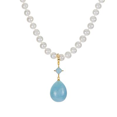 Freshwater Cultured Pearl Necklace with Aquamarine in Gold Tone Sterling Silver