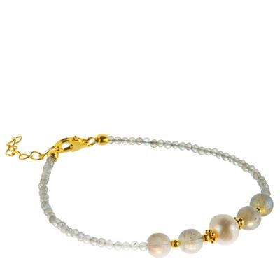 Labradorite with Freshwater Cultured Pearl Bracelet in Gold Tone Sterling Silver