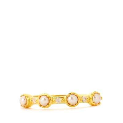 Freshwater Cultured Pearl Ring with White Topaz in Gold Tone Sterling Silver