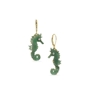 Natural Green Chalcedony Earrings with White Zircon in 9K Gold 11.65cts 