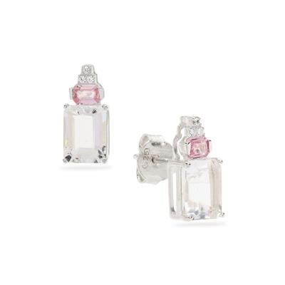 Hyalite Opal, Pink Sapphire Earrings with White Zircon in Sterling Silver 2.70cts