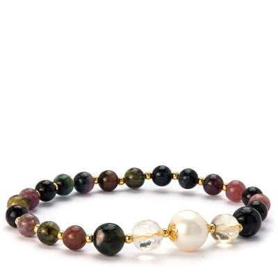 The Kaori Freshwater Cultured Pearl, Multi Colour Tourmaline Stretchable Bracelet with Citrine in Gold Tone Sterling Silver 