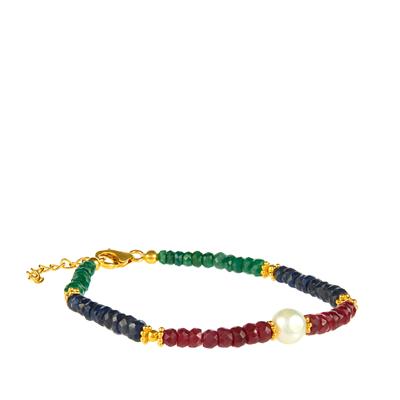 'Colours of Regality' Ruby, Sapphire & Zambian Emerald with Freshwater Cultured Pearl Gold Tone Sterling Silver Bracelet