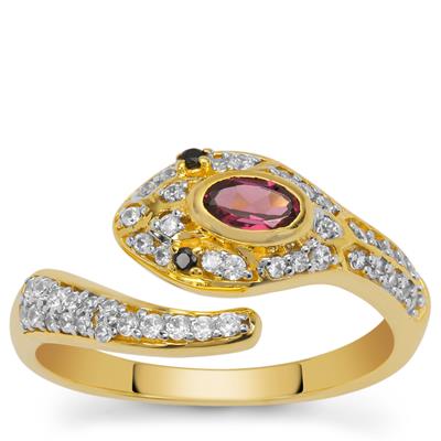 Rhodolite Garnet, Black Spinel Ring with White Zircon in Gold Plated Sterling Silver 0.70cts