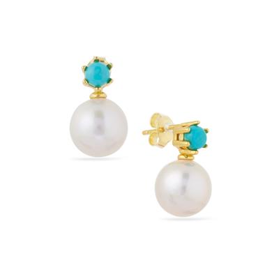 Freshwater Cultured Pearl Earrings with Turquoise in Gold Tone Sterling Silver 