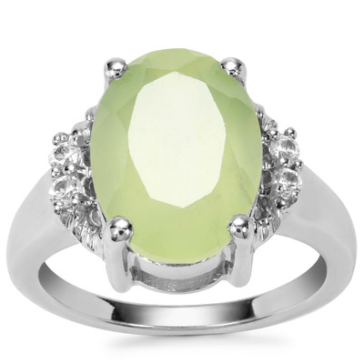 Prehnite Ring with White Zircon in Sterling Silver 6.66cts