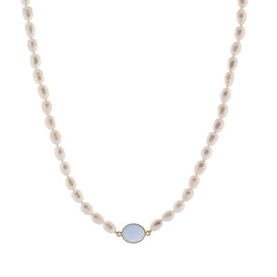 Freshwater Cultured Pearl Necklace with Blue Chalcedony in Gold Tone Sterling Silver 