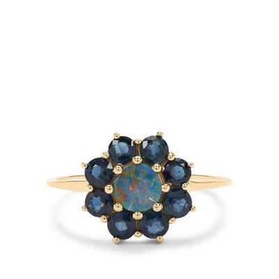 Crystal Opal on Ironstone Ring with Australian Blue Sapphire in 9K Gold 