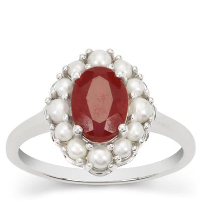 Seed Pearl Ring with Thai Ruby in Sterling Silver (2 to 2.50 MM) 