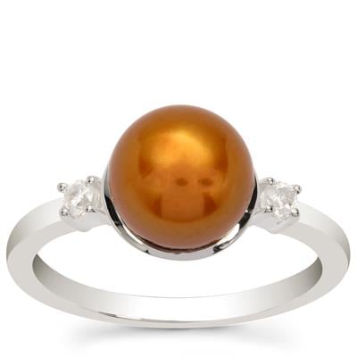 Golden Caramel Pearl Ring with White Zircon in Sterling Silver (8mm)