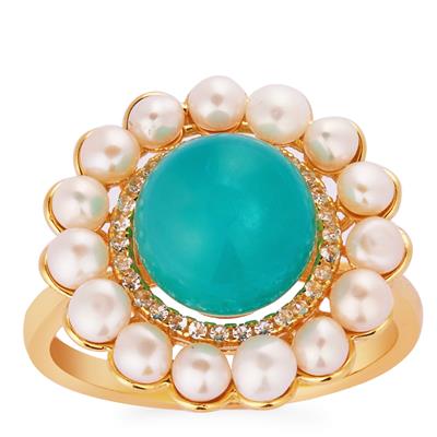 Amazonite, Kaori Cultured Pearl Ring with White Topaz in Gold Tone Sterling Silver
