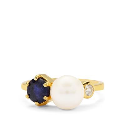 Madagascan Blue Sapphire, White Zircon Ring with Kaori Cultured Pearl in Gold Plated Sterling Silver (8mm)