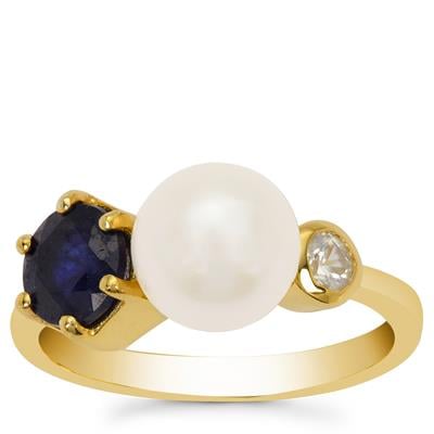 Madagascan Blue Sapphire, White Zircon Ring with Kaori Cultured Pearl in Gold Plated Sterling Silver (8mm)