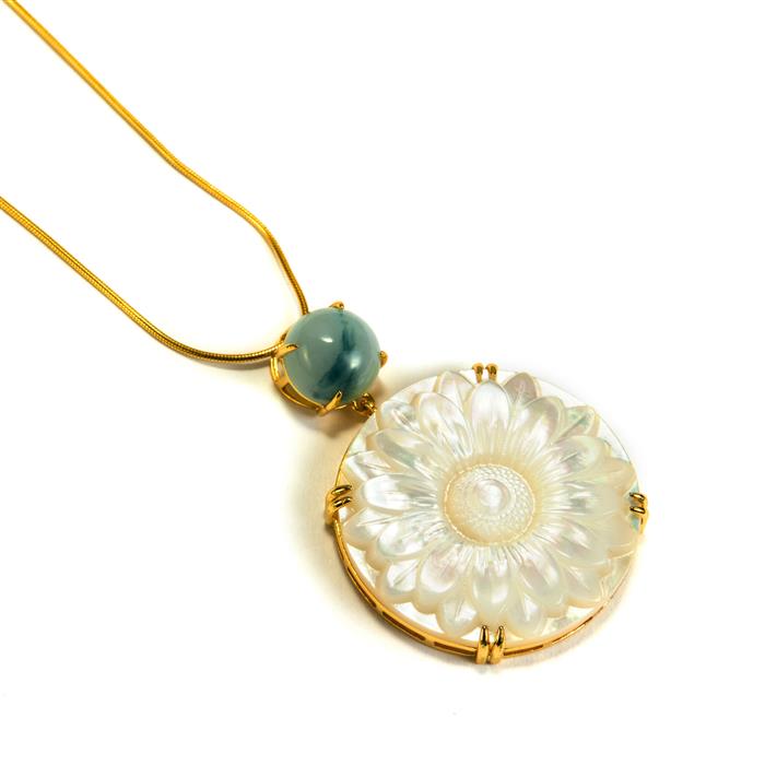 Mother of Pearl Carved Pendant with Type A Burmese Jadeite in Gold