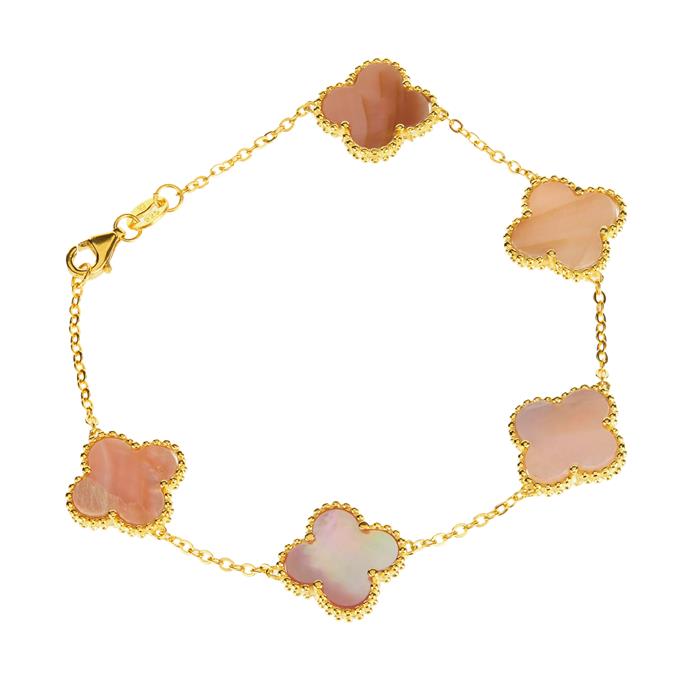 Pink Mother of Pearl Clover Bracelet in Gold Plated Sterling