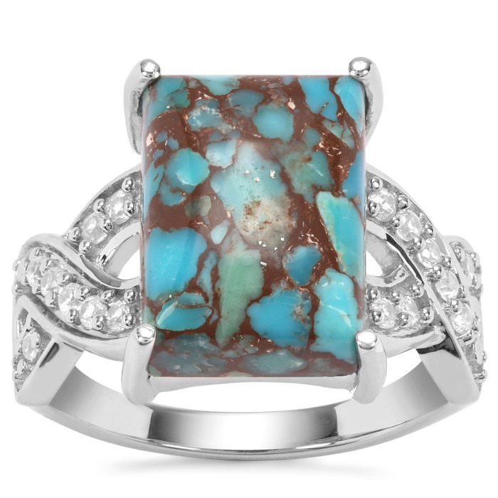 Egyptian Turquoise Ring with White Zircon in Sterling Silver 7.85