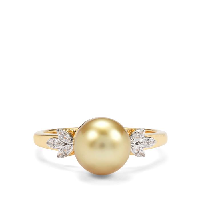 Golden South Sea Cultured Pearl Ring with White Zircon in 9K Gold