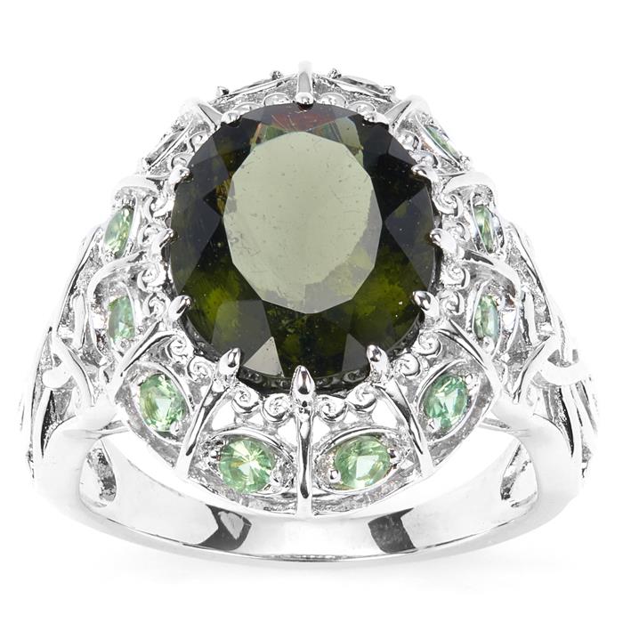 Moldavite Ring with Tsavorite Garnet in Sterling Silver 4cts